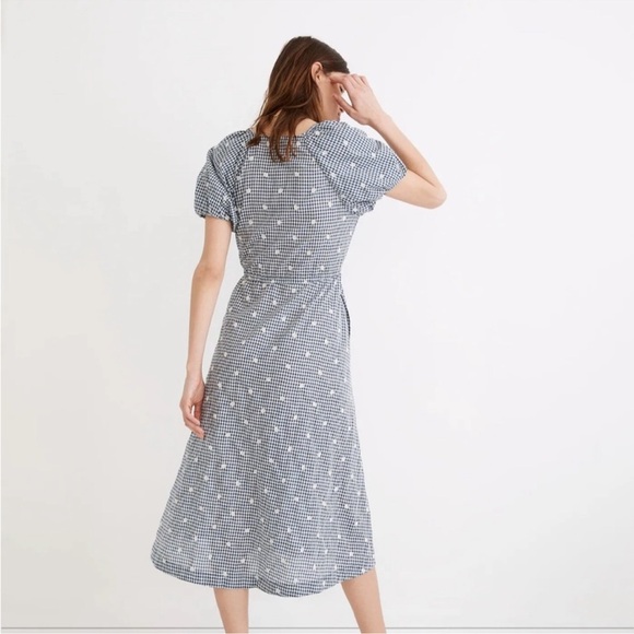 Madewell Faux Wrap Embroidered Gingham Check in preppy Navy Midi Dress Tie Waist - Picture 3 of 16